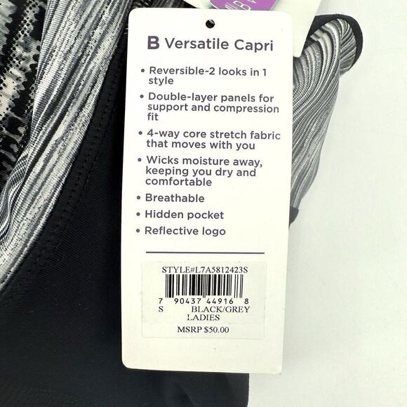 FREE 2 B Black/Gray Workout Capri Leggings Athletic Running Pocket Size S NWT - Picture 3 of 6
